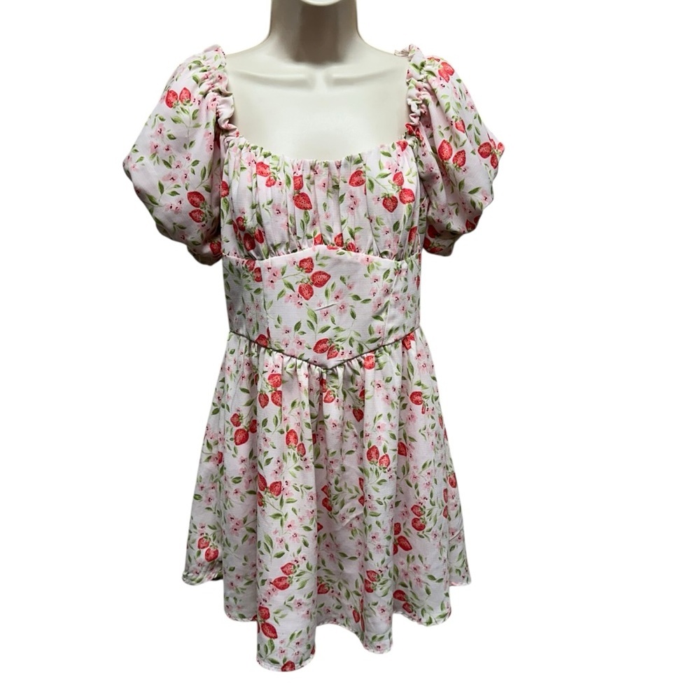 Strawberry print babydoll milkmaid dress puff sleeve women’s large